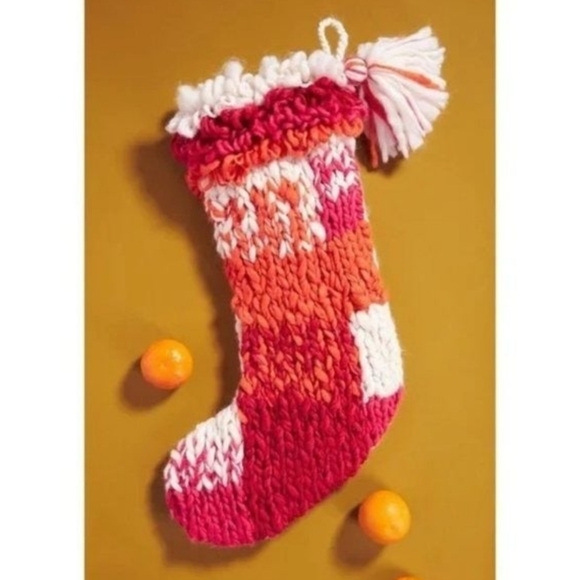 Anthropologie Brady Stocking - chunky boho knit - size L- orange/red/cream - Picture 1 of 11